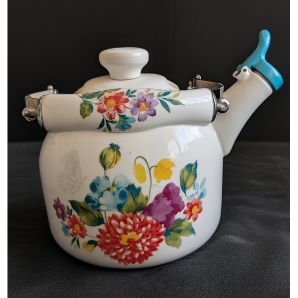 Pioneer Woman White Enamel Floral Whistling Stove Top Tea Kettle 2-6 qt